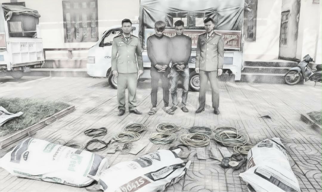 Hội và Tráng bị bắt giữ cùng tang vật vụ án - Ảnh công an cung cấp