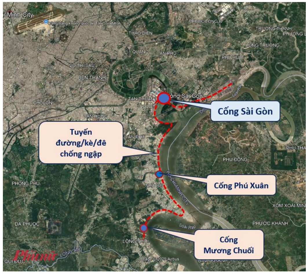  Tuyến chống ngập vành đai ngoài và vị trí cống ngăn triều Sài Gòn (dự kiến)