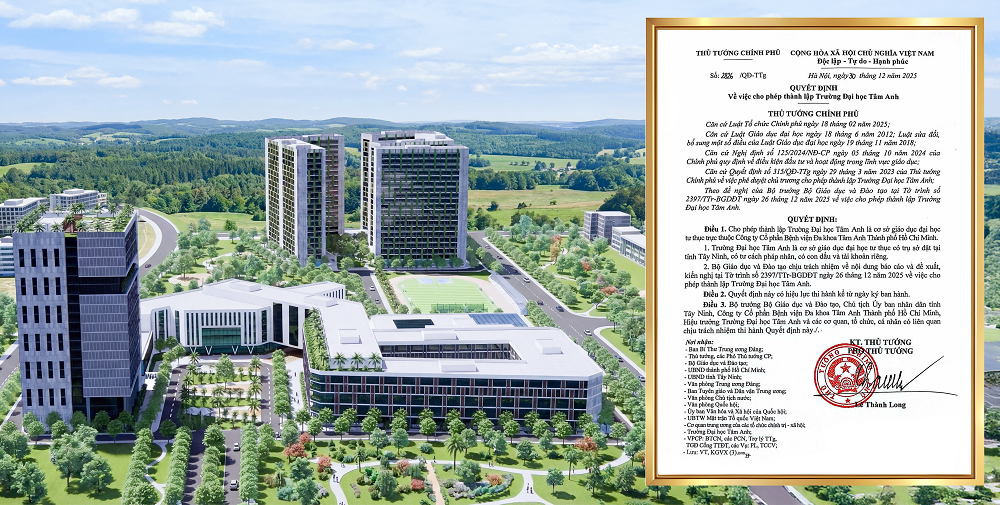 Quyết định thành lập Trường đại học Tâm Anh được ban hành ngày 30/12/2025 và phối cảnh của trường - Ảnh: Trường đại học Tâm Anh