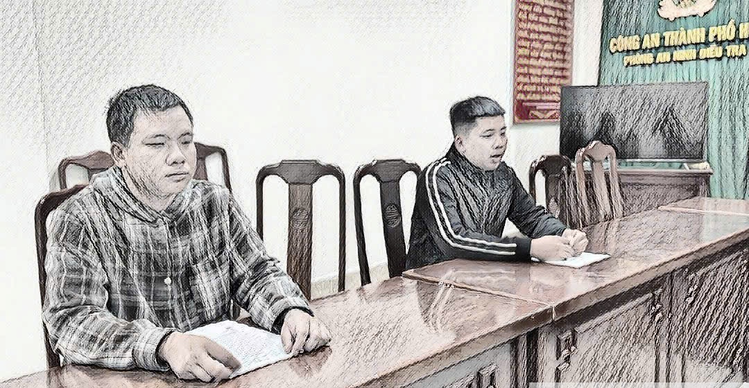 Cơ quan công an lấy lời khai đối tượng Trần Văn Bi (Áo ca rô) và Võ Khắc Thành Huy 