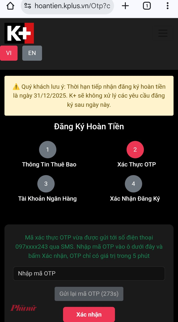 Nhiều khách hàng thao tác để được hoàn tiền theo hướng dẫn của K+, nhưng không nhận được mã OTP