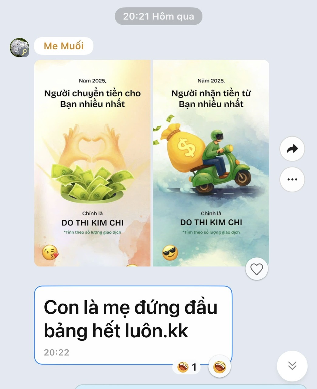 Chị M.T.flex ảnh trong group gia đình khi người chuyển nhiều nhất cho chị và người nhận chuyển khoản nhiều nhâ t của chị là mẹ chồng. Ảnh chụp màn hình