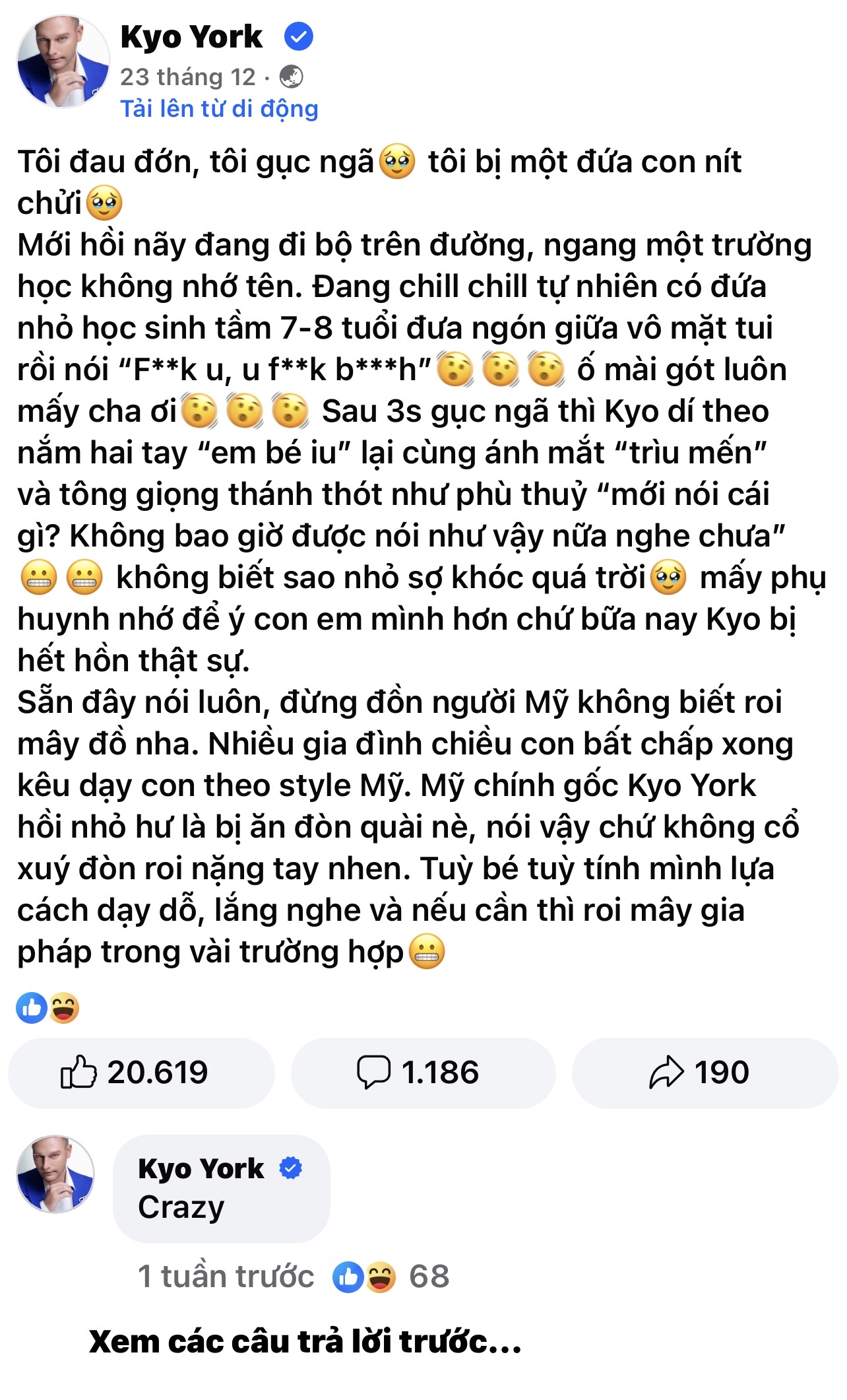 Ca sĩ Kyo York chia sẻ trên trang cá nhân về cảm giác bàng hoàng khi bị đứa trẻ buông lời dung tục ngoài đường phố - Ảnh: Trang Facebook Kyo York