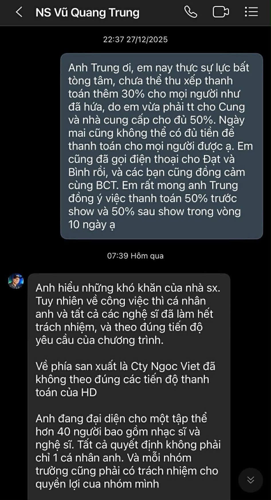 Những tin nhắn được cho là trao đổi của nhạc sĩ Vũ Quang Trung và bà Hà đang lan truyền trên mạng xã hội