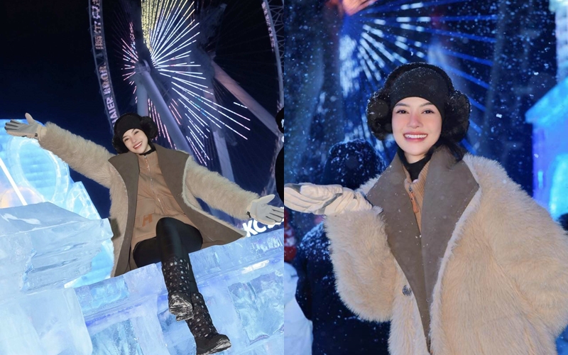 Á hậu Kiều Loan ghi điểm với phong cách thời trang ấm áp mac vẫn tươi tắn và cuốn hút khi đến Cáp Nhĩ Tân (Trung Quốc) đón năm mới. Cô chọn áo khoác dáng dài phối chất liệu lông mềm mại, gam màu trung tính giúp tổng thể trông thanh lịch. Bên trong là set đồ gọn gàng, kết hợp quần tối màu và boots cao cổ, vừa đảm bảo tính ứng dụng vừa phù hợp thời tiết khắc nghiệt. Phụ kiện mũ và găng tay không chỉ giúp giữ nhiệt mà còn tạo cảm giác trẻ trung, đáng yêu.