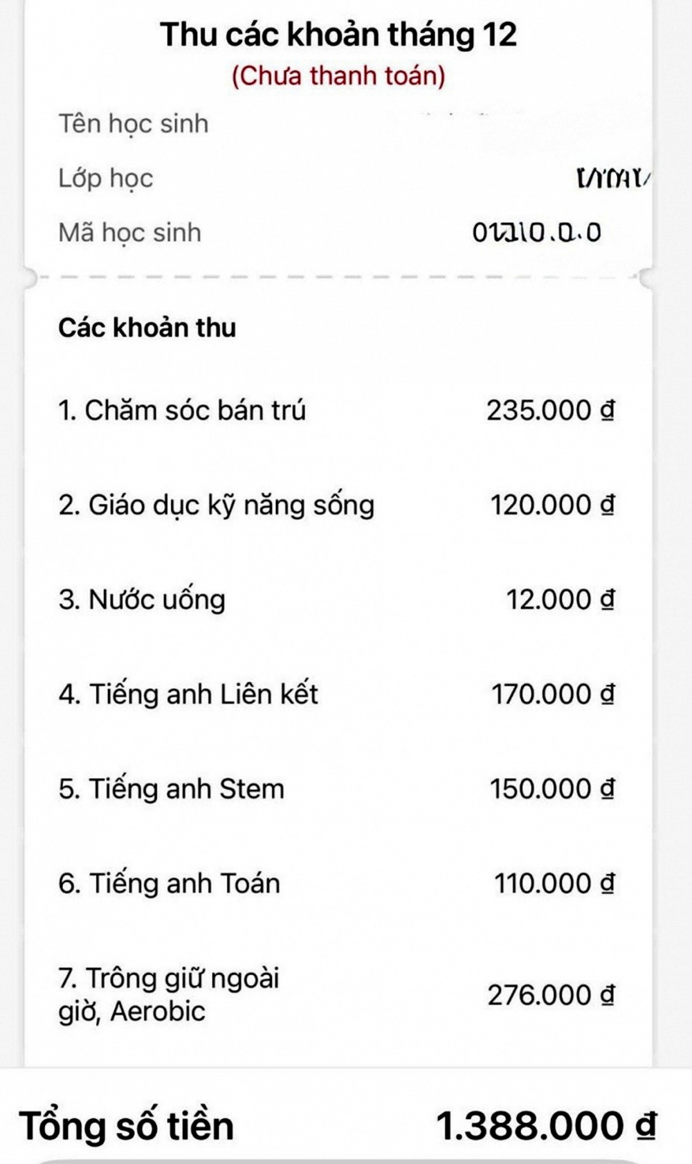 Trong các khoản phải đóng tháng 12/2025  của một học sinh lớp Một ở TP Hà Nội, có đến  4 khoản thu cho các chương trình liên kết  - Ảnh do phụ huynh học sinh cung cấp