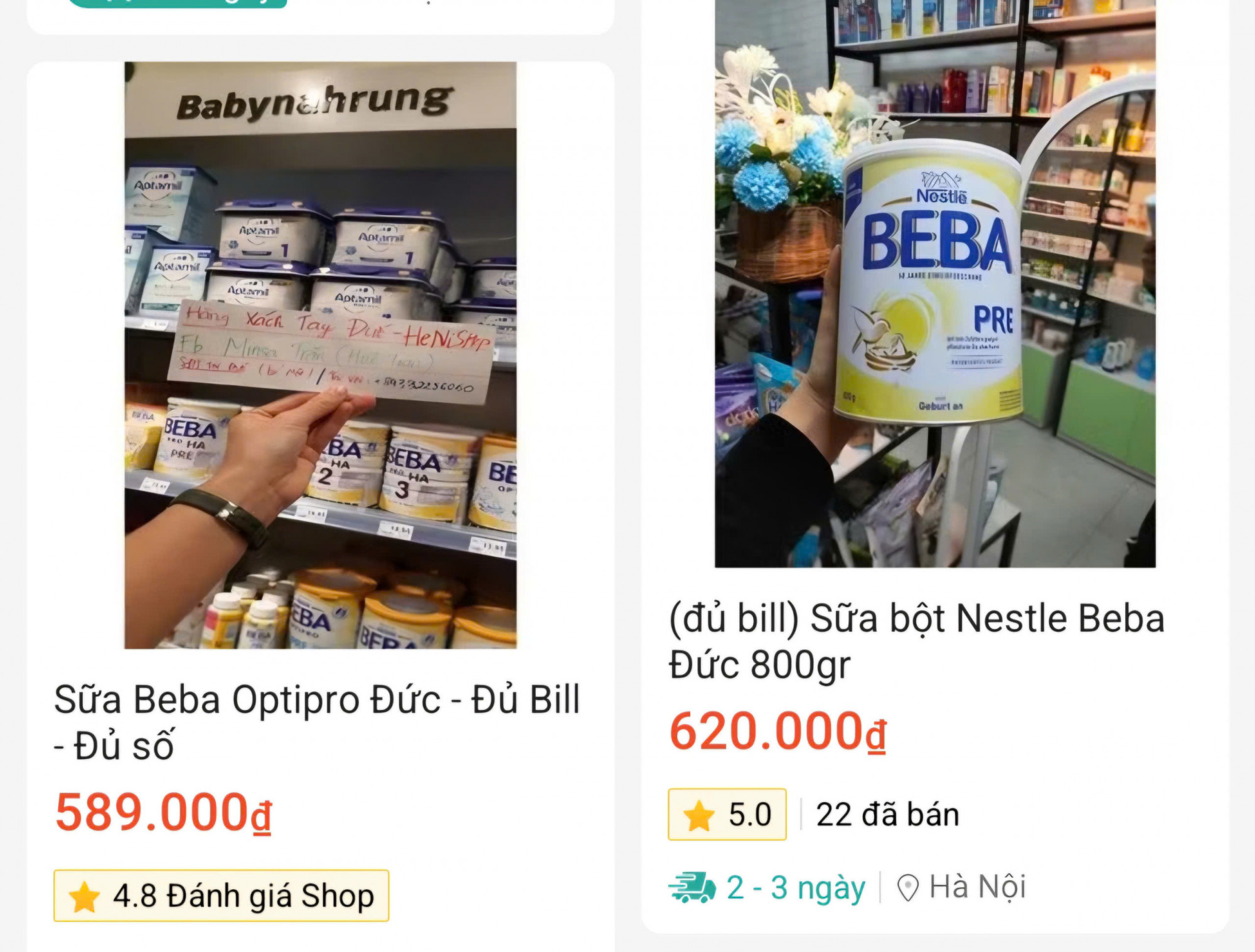 Trên sàn thương mại điện tử có nhiều quảng cáo bán sữa Beba xách tay, nhập khẩu từ Đức - ảnh chụp màn hình