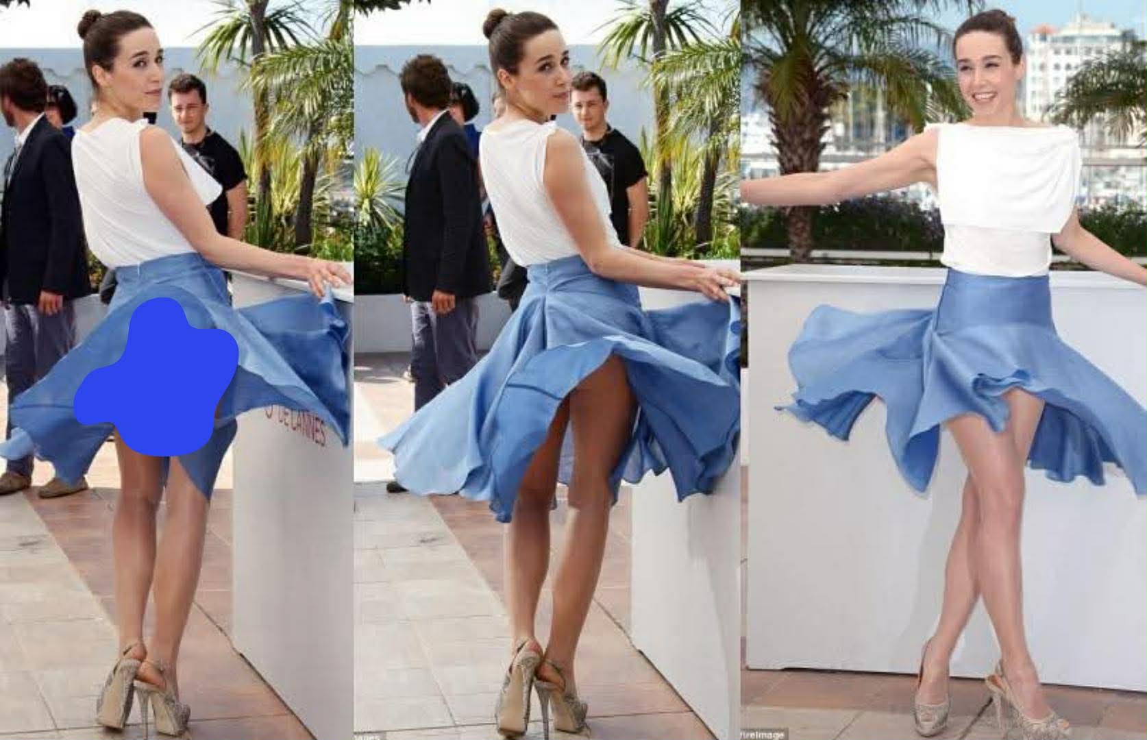 diễn viên Arta Dobroshi bất ngờ bị một con giá làm tốc váy tại lien hoan Cannes