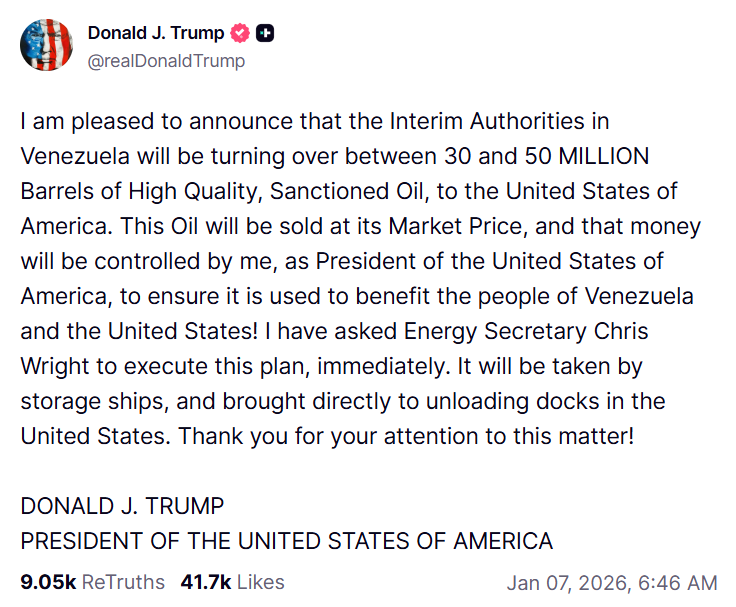 Bài đăng của Tổng thống Mỹ Donald Trump trên mạng xã hội Truth về vấn đề dầu mỏ tại Venezuela - Ảnh: Truth Social