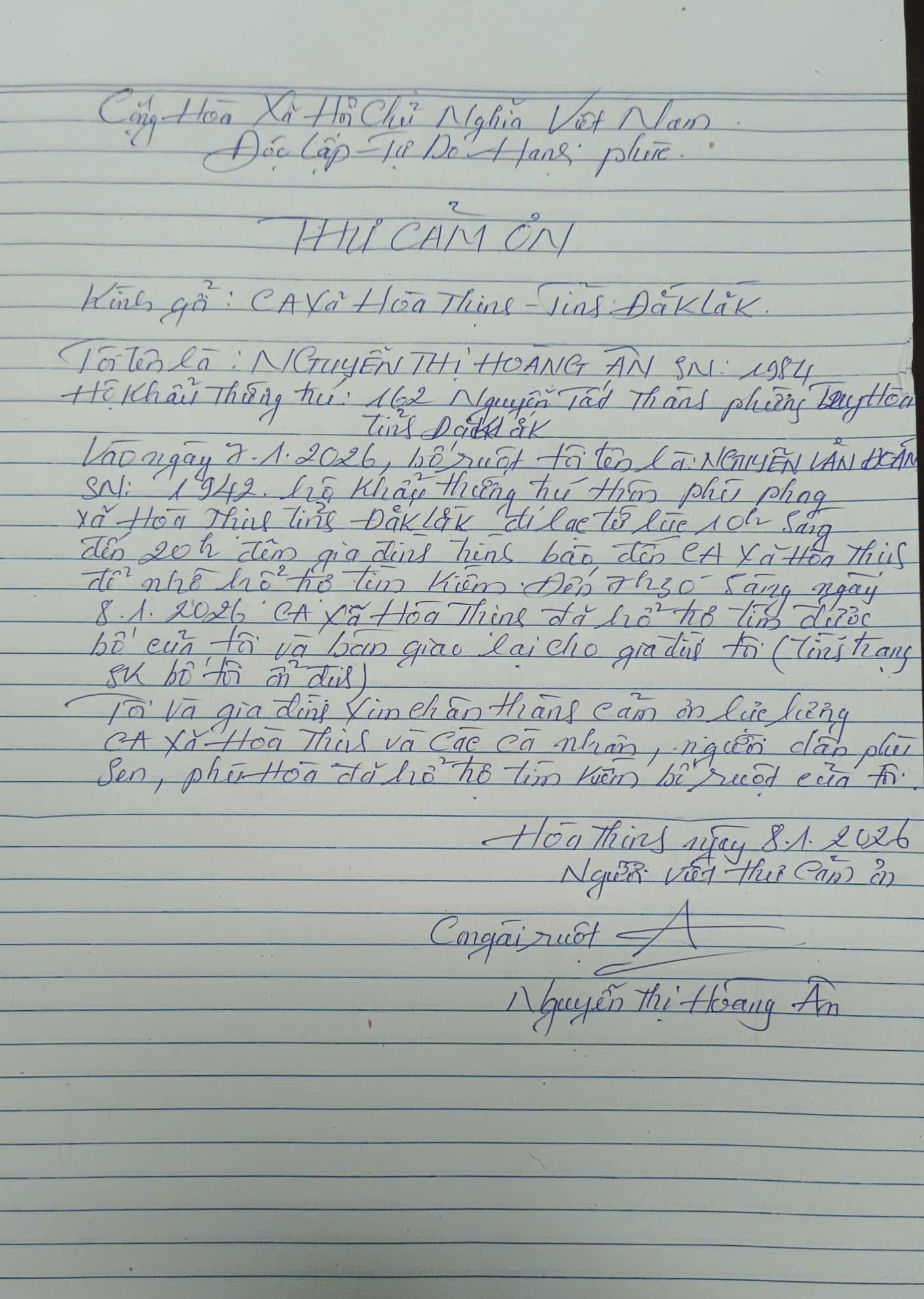 Thư của chị Nguyễn Thị Hoàng Ân