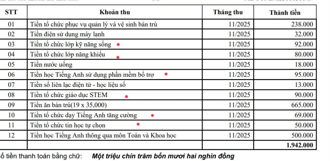Thông báo thu tiền của học sinh tiểu học tại TPHCM