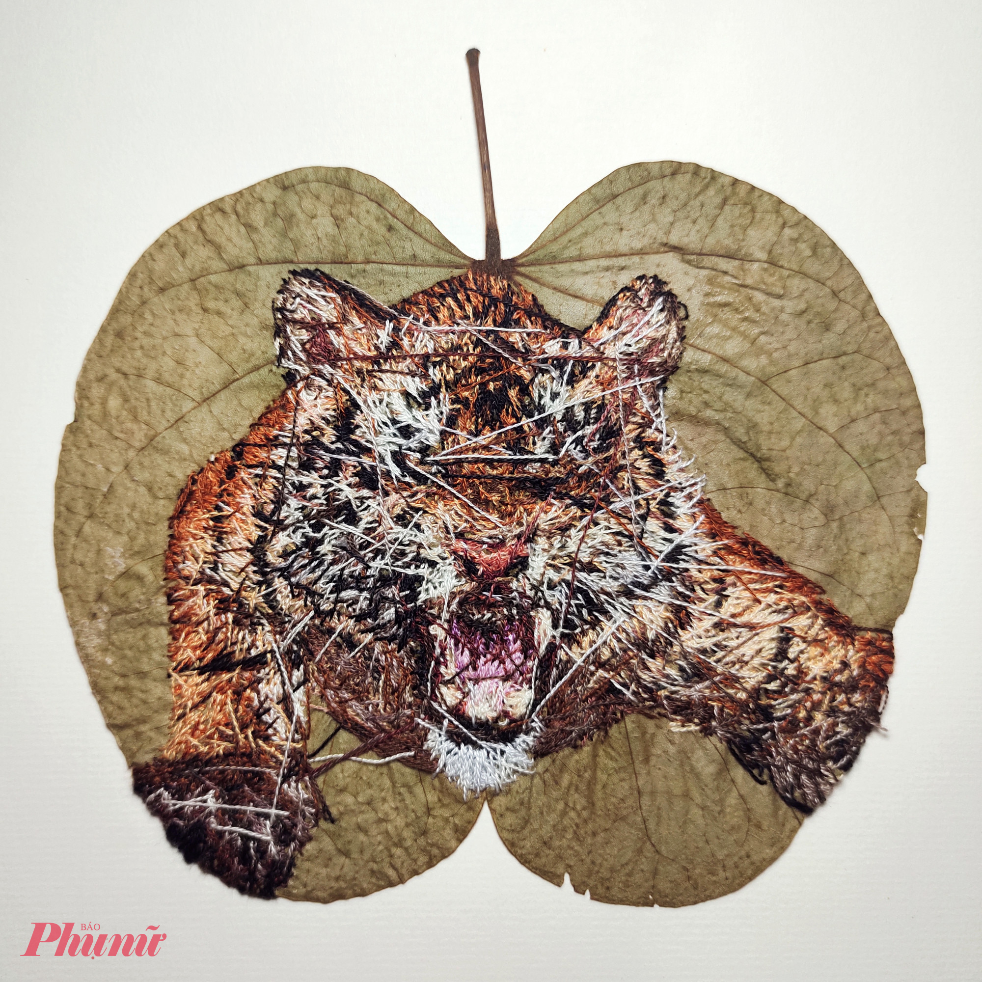 Không chỉ dừng lại ở vải nỉ, Khiêm còn mạnh dạn thử nghiệm những chất liệu hiếm gặp như lá cây khô và xương lá – lựa chọn đầy thách thức bởi bề mặt mong manh, dễ rách và không thể căng khung. Mỗi mũi thêu đều phải được tính toán kỹ lưỡng để hạn chế tổn thương chất liệu, đồng thời vẫn đảm bảo bố cục và chiều sâu tác phẩm.