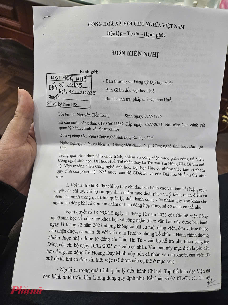 Đơn kiến nghị của ông Nguyễn Tiến Long tố Viện trưởng 