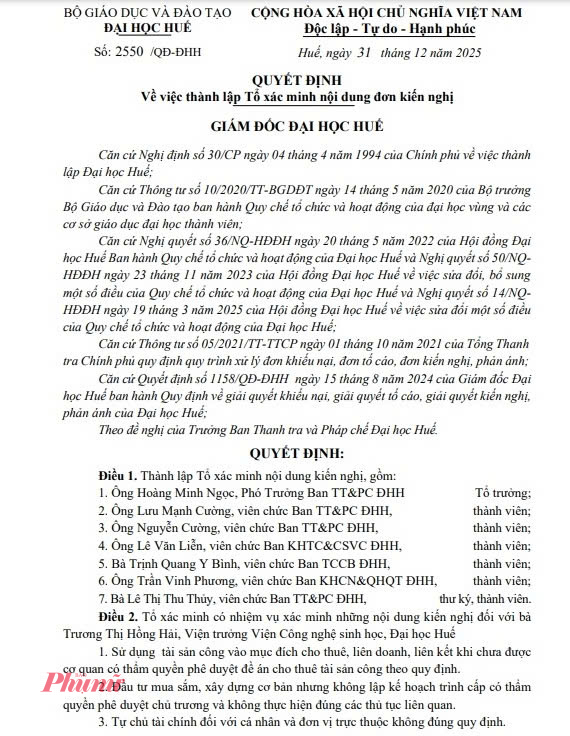 Quyết đinh thành lập Tổ xác minh của Đại học Huế 