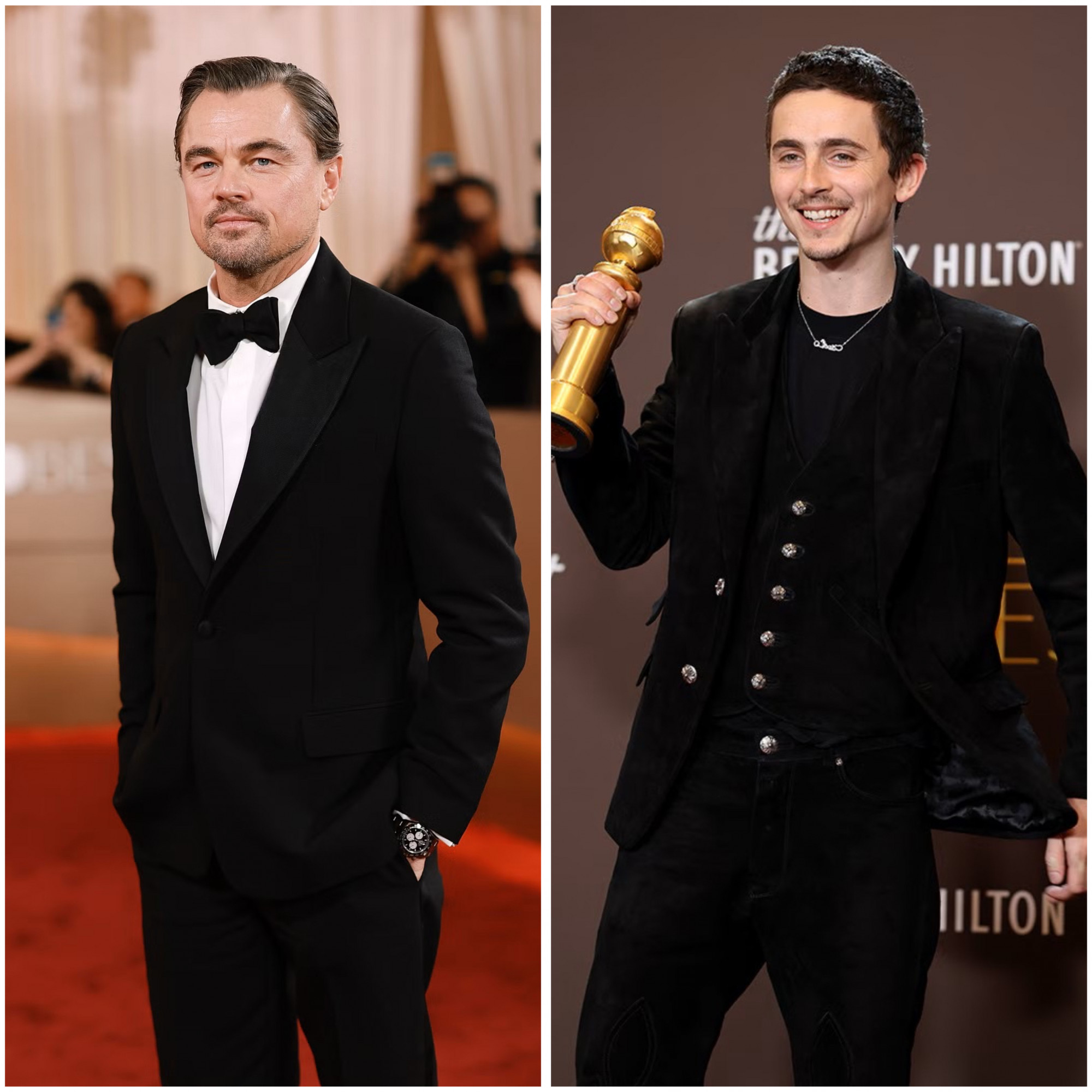 Leonardo DiCaprio (trái) hụt giải Nam chính xuất sắc dòng phim nhạc kịch/hài về tay Timothée Chalamet (phải)