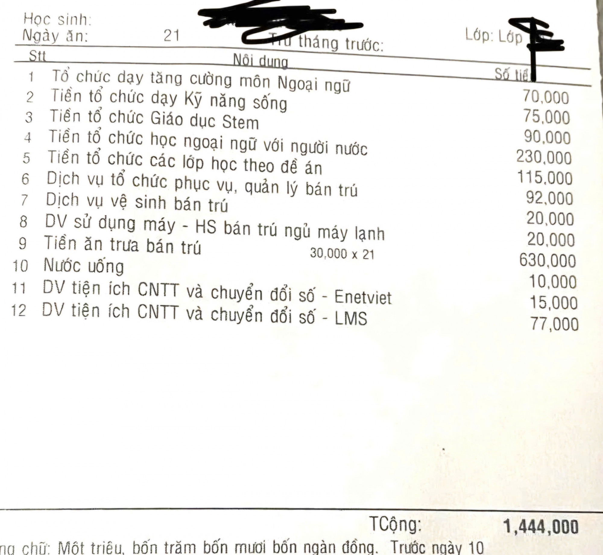 5/12 khoản thu của trường con tôi học là các môn liên kết