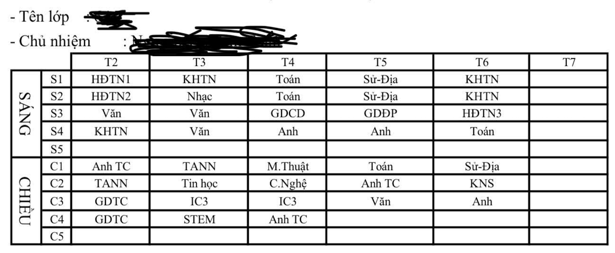 Còn đây là thời khóa biểu của con, các môn liên kết được sắp xếp xen kẽ các môn chính khóa