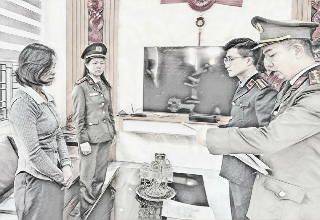 Cơ quan công an đọc lệnh khám xét đối với Phan Thị Thu Hường - Ảnh công an cung cấp