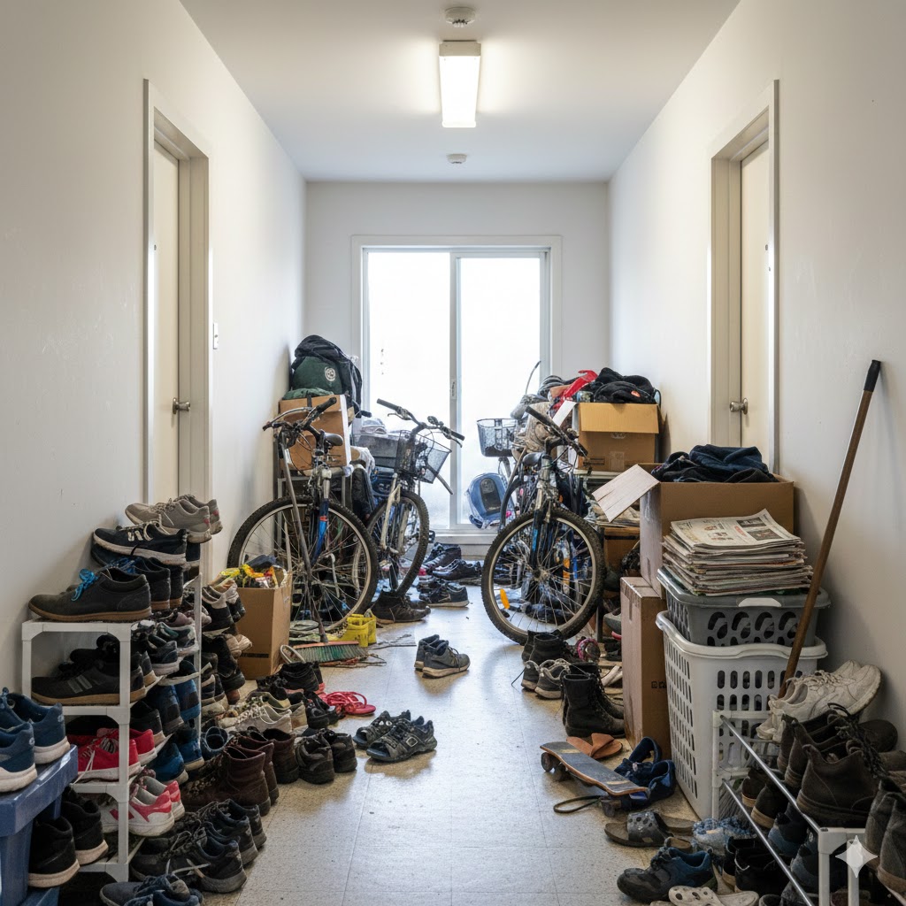 Hành lang nhiều chung cư bị chính cư dân chiếm dụng không gian chung, vừa mất thẩm mỹ, vừa gây nguy hiểm  nếu xảy ra hỏa hoạn. Ảnh minh họa được tạo bởi AI