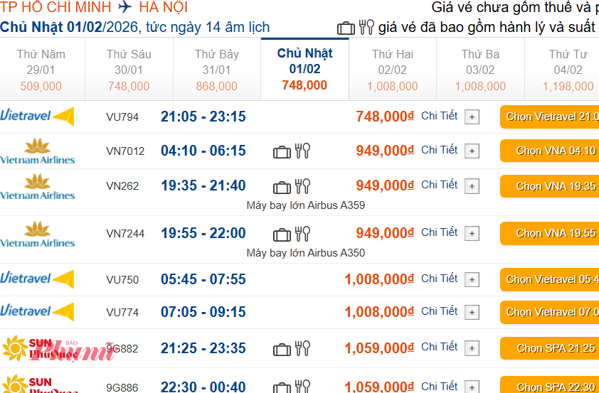 Giá vé chiều đi từ TPHCM đến Hà Nội trong ngày 1/2 có giá dưới 800.000 đồng/chặng.