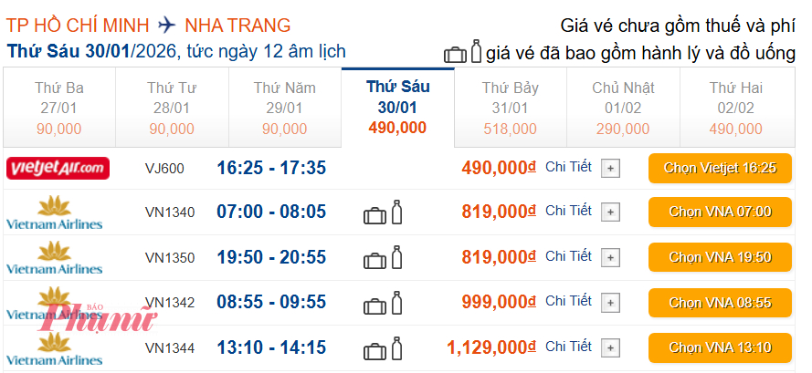 Chặng bay từ TPHCM đến Nha Trang có giá thấp nhất khoảng 819.000 đồng/chặng.