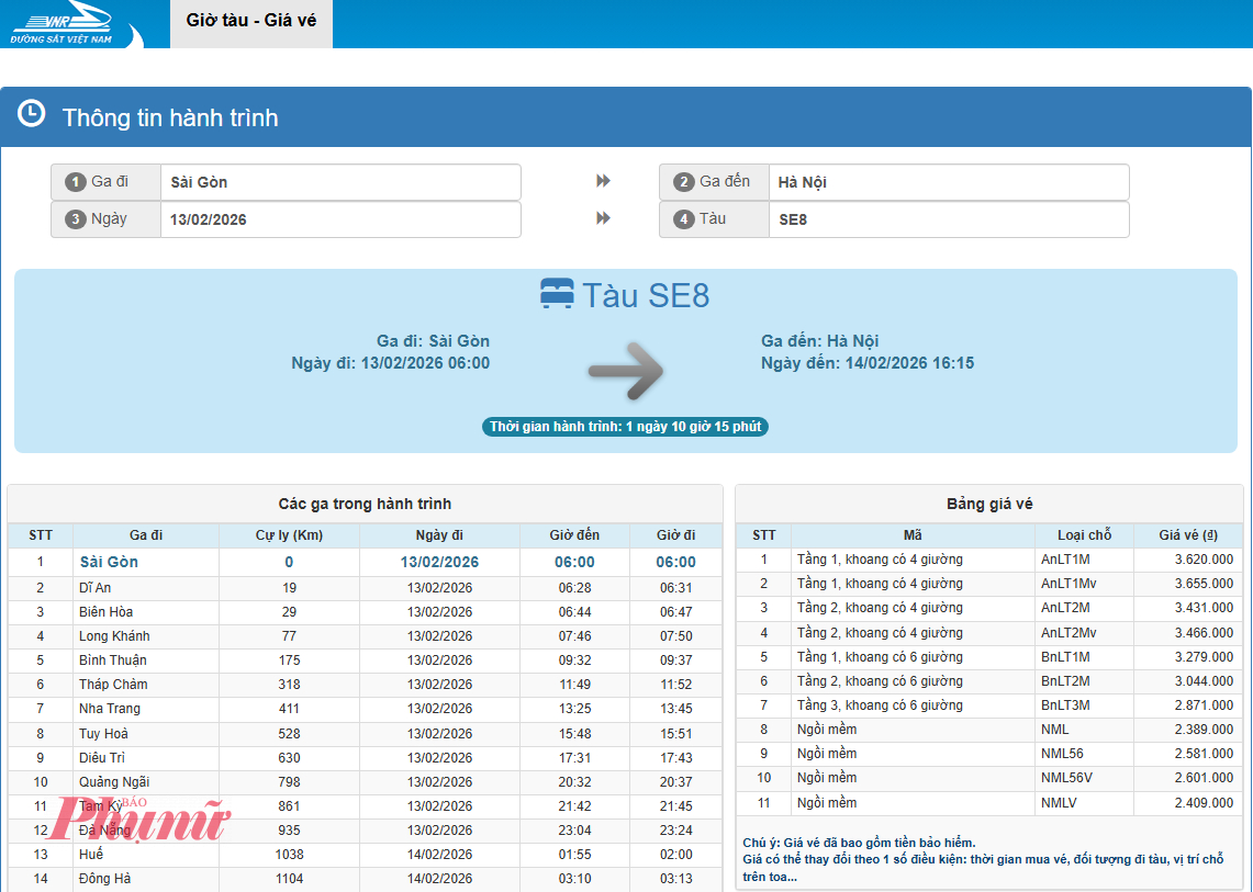 Giá vé chuyến tàu SE8 từ TPHCM đến Hà Nội trong ngày 13/2 trên hệ thống đặt vé.