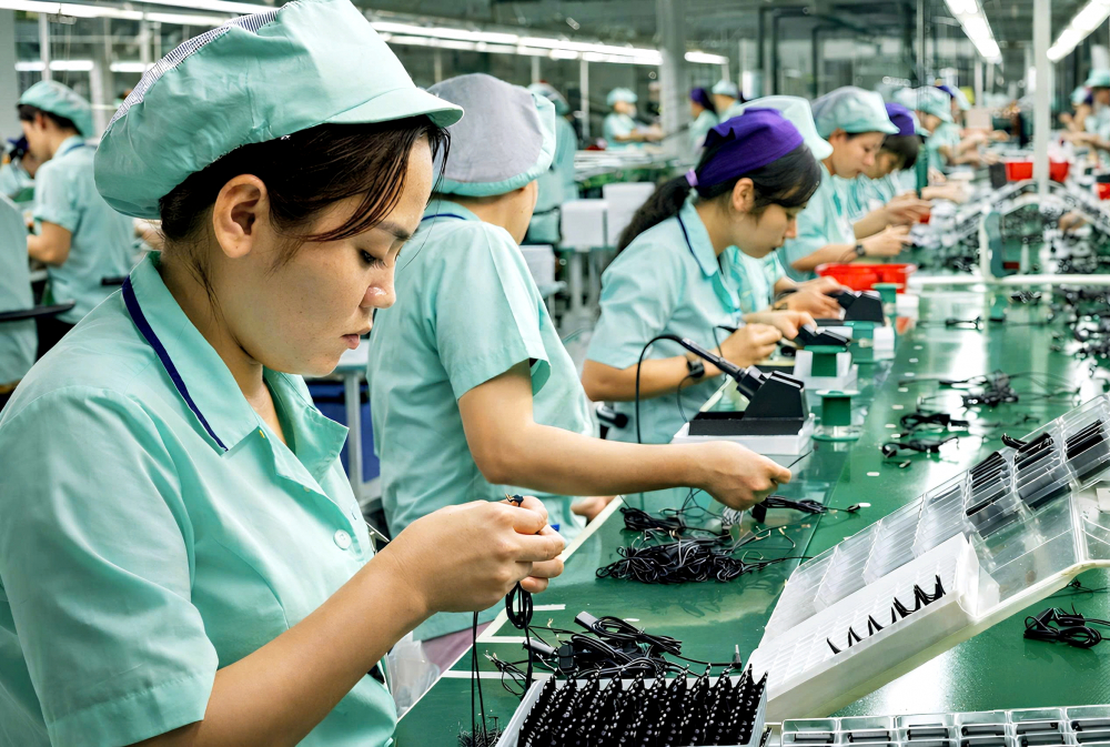 Công nhân một công ty có vốn nước ngoài trong khu công nghiệp VSIP (phường Bình Dương, TPHCM) đang sản xuất linh kiện điện tử ẢNH: THANH TÂM