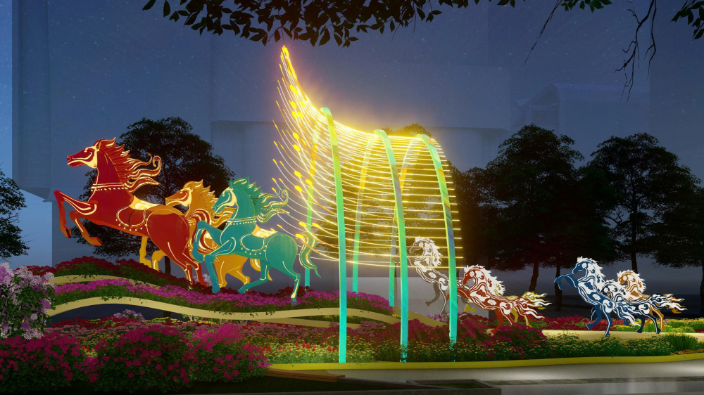Các cụm cổng linh vật ngựa tại đường hoa về đêm. Ảnh: Saigontoursit Group.