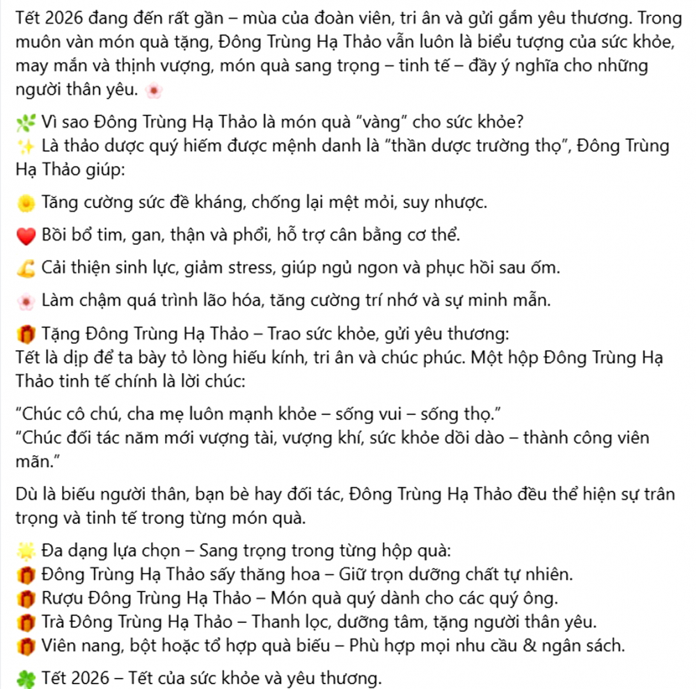 Các sản phẩm được cho là từ đông trùng hạ thảo được rao bán trên Facebook - Ảnh chụp màn hình