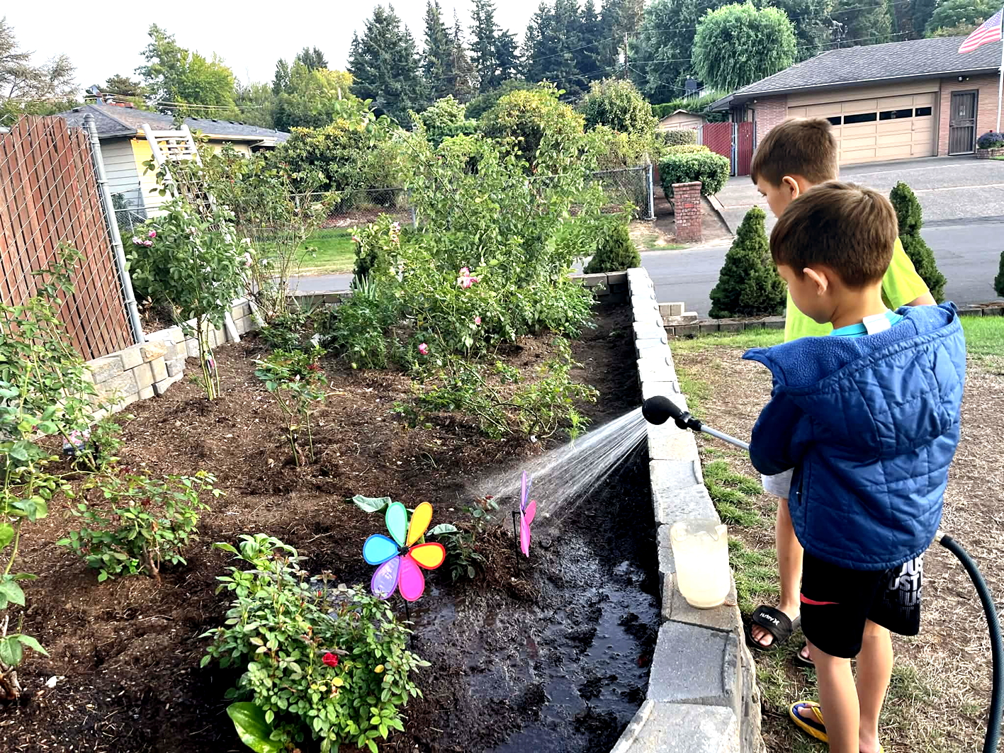 Bọn trẻ được giao việc tưới cây trong vườn nhà - Ảnh do tác giả cung cấp 