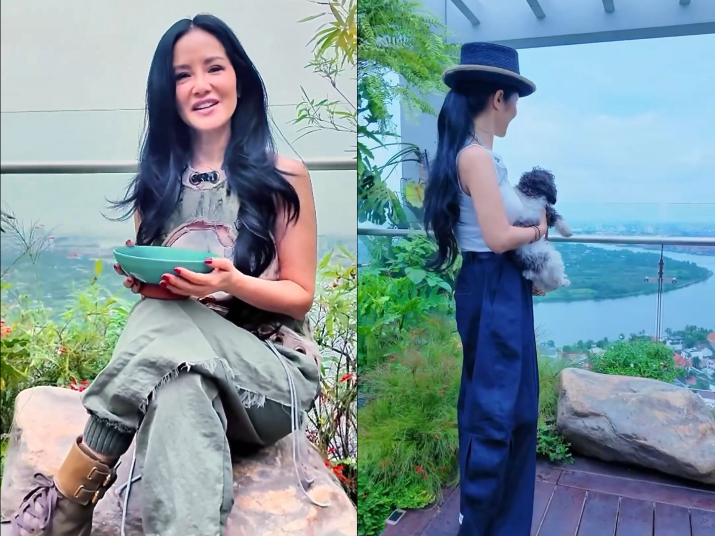 Ca sĩ Hồng Nhung sống trong căn penthouse rộng khoảng 450 mét vuông tại khu Thảo Điền (nay là phường An Khánh, TPHCM). Trong khu vườn nhỏ, nữ ca sĩ trồng nhiều loại cây. Chị cho biết yêu thích thiên nhiên, không gian xanh mát.