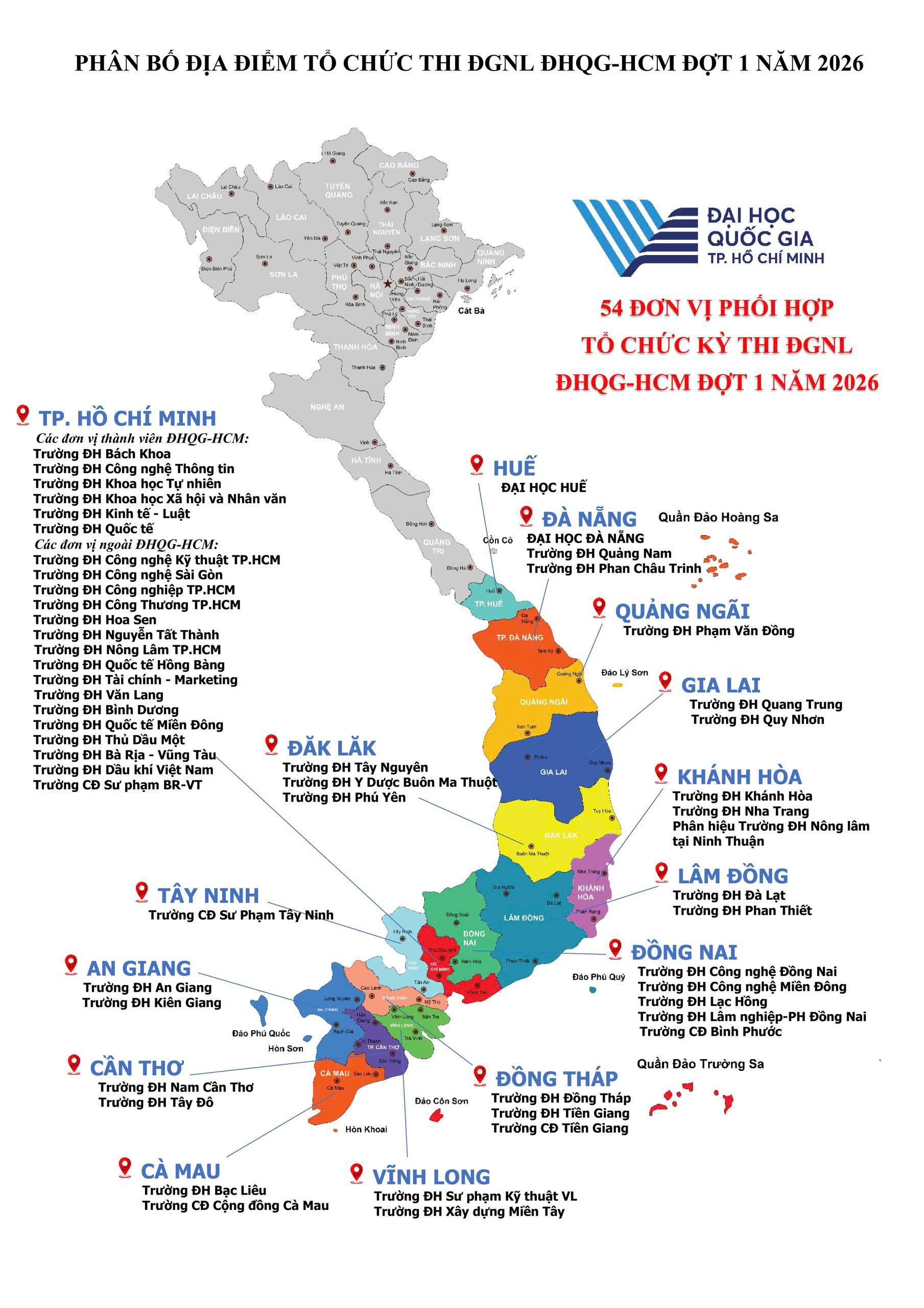 Sơ đồ các địa điểm tổ chức kỳ thi đánh giá năng lực của Đại học Quốc gia TPHCM năm 2026