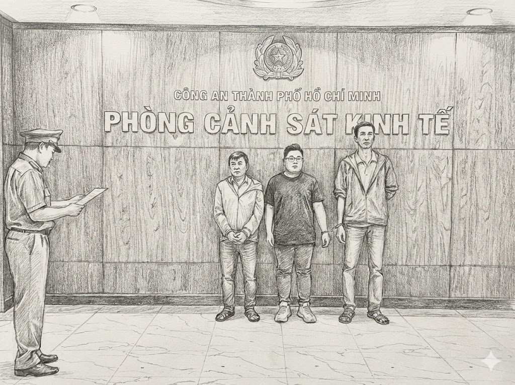 Các đối tượng tại cơ quan công an - Ảnh Công an TPHCM cung cấp