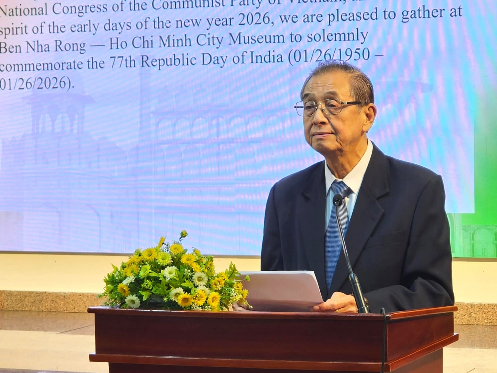 Ông Huỳnh Thành Lập, Chủ tịch Hội hữu nghị Việt Nam - Ấn Độ TP.HCM (VIFA), phát biểu tại sự kiện