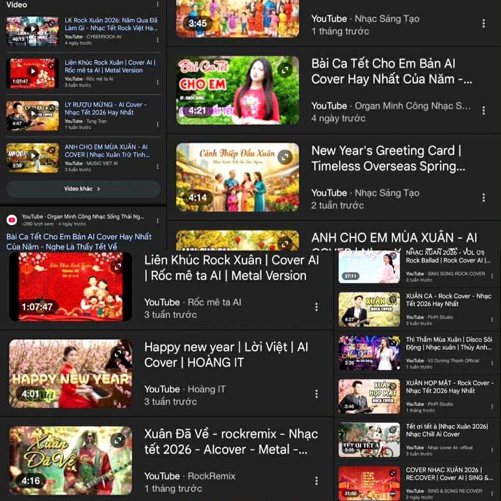 Hàng loạt video, album nhạc tết do AI cover xuất hiện liên tục trên YouTube - Nguồn ảnh: Internet