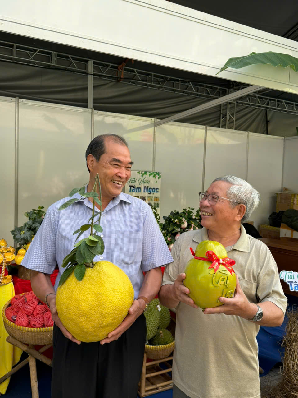 Bên cạnh bưởi hồ lô khắc chữ “Tài”, “Lộc”, các dòng bưởi trái khủng, dáng đẹp, cuống lá tươi cũng được nhiều khách tìm mua để trưng bàn thờ, sảnh nhà hoặc làm quà biếu dịp Tết.