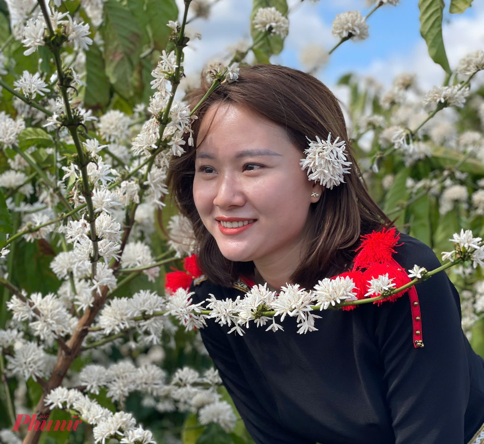 Những cô gái trẻ khoe sắc cùng hoa cà phê. 