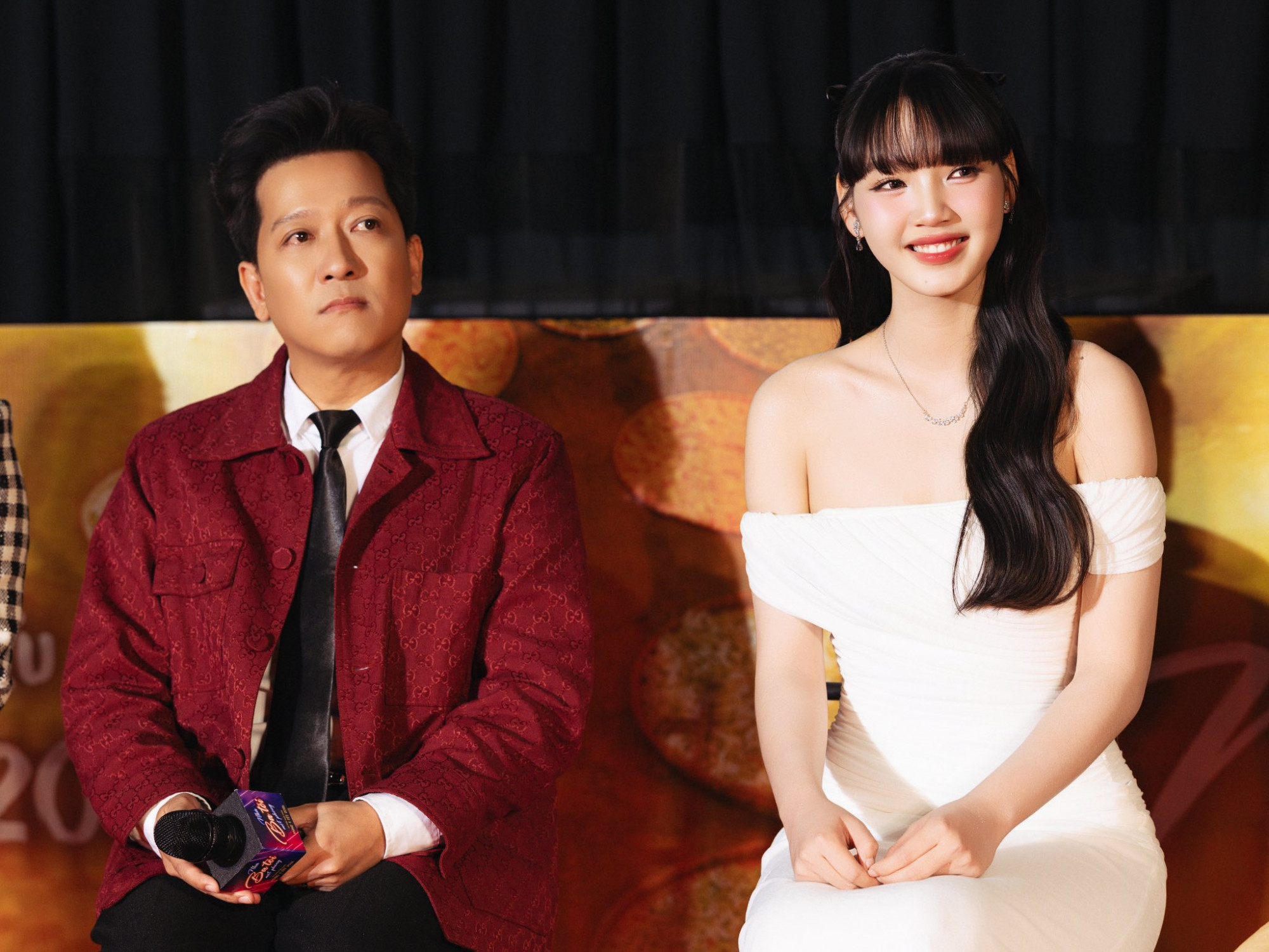 An (Minh Anh) và ba Thạch (Trường Giang) trong buổi showcase ra mắt phim “Nhà ba tôi một phòng” vào ngày 29/1 vừa qua - Ảnh: Đoàn Minh Anh