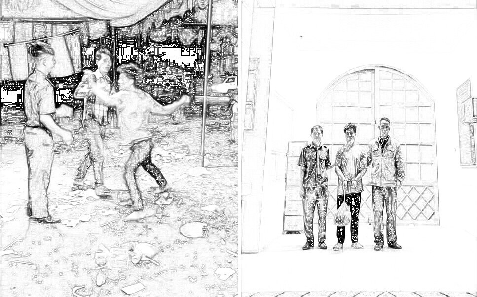 Phương lúc đánh cảnh sát và lúc bị bắt giam. Ảnh: CA