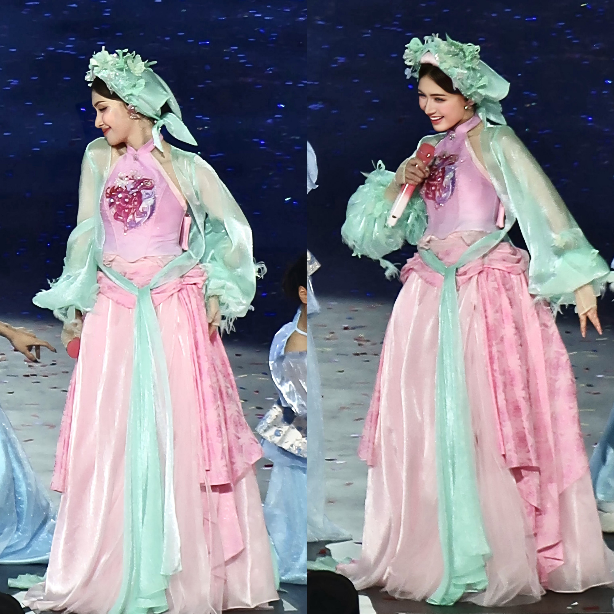 Nữ ca sĩ mang đến hình ảnh đậm chất trình diễn với phong cách pha trộn giữa truyền thống và hiện đại. Cô diện trang phục lấy cảm hứng từ áo yếm, váy lụa, phối tông hồng pastel và xanh mint dịu mắt, kết hợp chất liệu voan, lụa mềm tạo độ bồng bềnh, bay nhẹ khi di chuyển trên không trung. 