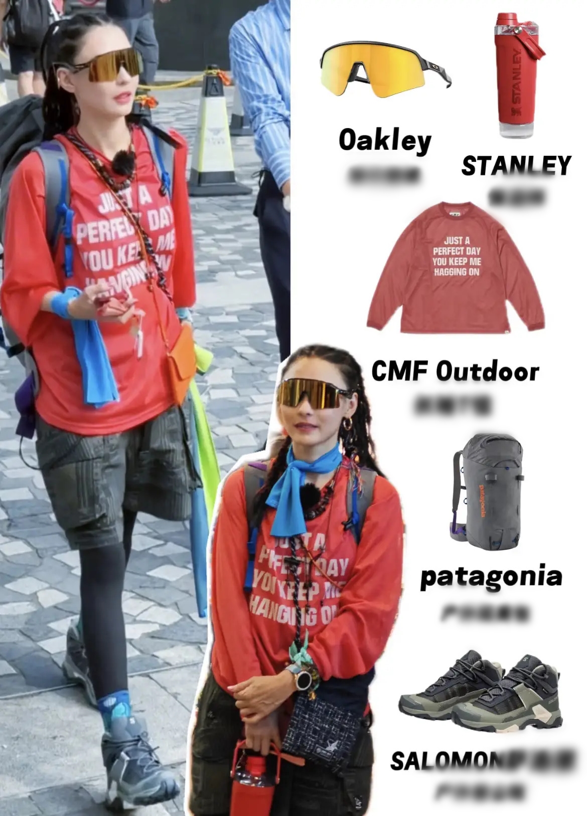 Phong cách outdoor cũng không làm khó Trương Bá Chi khi được cô xử lý gọn gàng và đầy cá tính. Chiếc áo thun dài tay đỏ của CMF Outdoor trở thành điểm nhấn thị giác, nổi bật giữa tổng thể năng động, đi cùng loạt phụ kiện đúng tinh thần “outdoor-chic” như kính Oakley, balo Patagonia và giày leo núi Salomon. Khăn lụa xanh được tết khéo vào tóc tạo nét mềm mại, trong khi quần legging đen layer cùng quần short công năng mang đến sự cân bằng hài hòa giữa vẻ nữ tính và tinh thần khỏe khoắn, sẵn sàng chinh phục những hành trình dài.