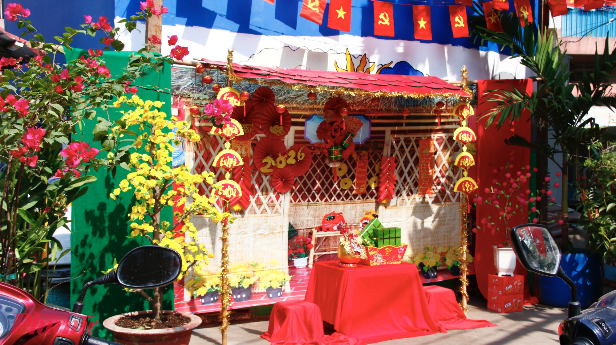 Tại trụ sở văn phòng khu phố 2, phường Phú Lâm (hẻm 78 Tân Hòa Đông) trở nên rực rỡ, thu hút nhiều người qua lại bởi góc Tết do chị em phụ nữ trong khu phố thực hiện.