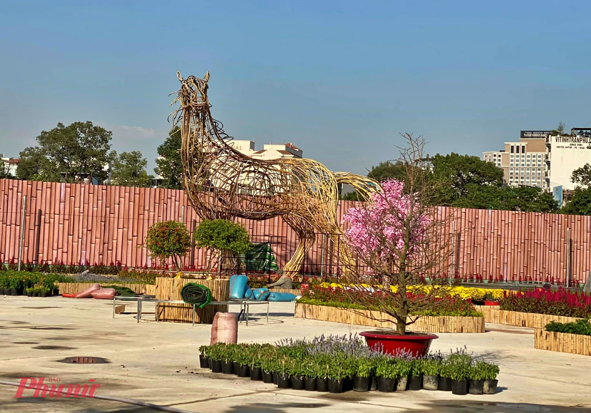 Điểm nhấn của vườn hoa tết tại đây là linh vật ngựa đã hoàn thiện