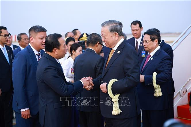 Lễ đón Tổng Bí thư Tô Lâm tại Sân bay Quốc tế Techo. Ảnh: Thống Nhất/TTXVN