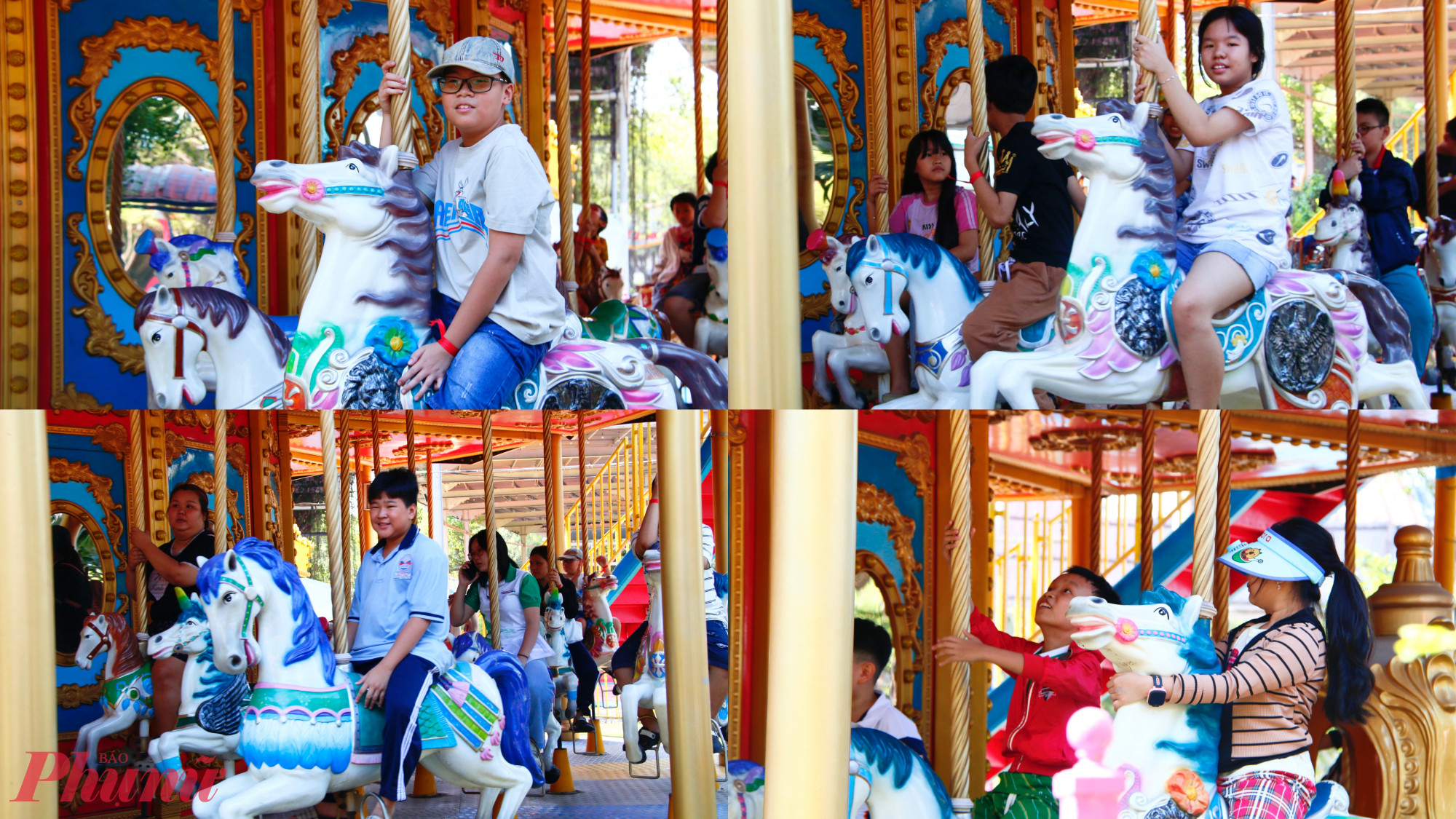 Nhiều em nhỏ thích thú với trò chơi vòng xoay ngựa gỗ