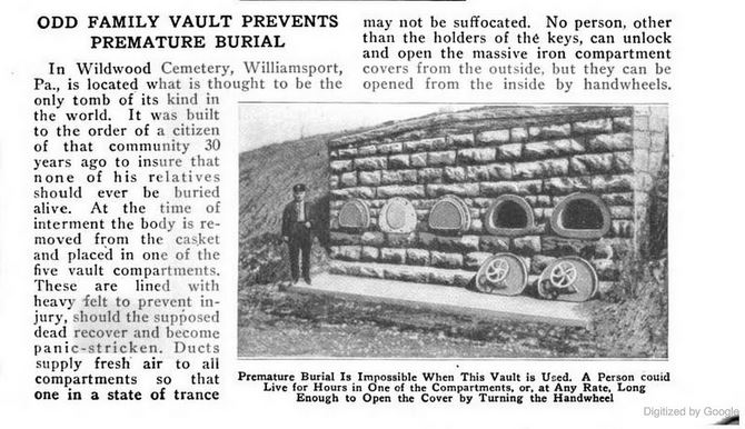 “Cơn ác mộng” bị chôn sống ám ảnh lịch sử một thời Hình ảnh trên một tạp chí của Mỹ, chụp một thiết kế hầm mộ từng nổi tiếng một thời ở nghĩa trang Wildwood, bang Pennsylvannia, thập niên 1920. Từng quan tài được sắp đặt liền kề, có ống dẫn không khí và lót đệm -phòng trường hợp người được cho là đã mất đột ngột tỉnh lại. Một dạng nắp quan tài bằng tay quay có thể được mở từ bên trong, giúp người bị kẹt tự thoát ra. (Ảnh: VOX)