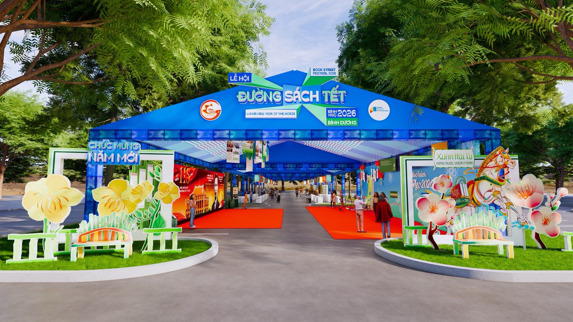 Phối cảnh cổng chào Đường sách Tết tại Công viên Thành phố mới, phường Bình Dương