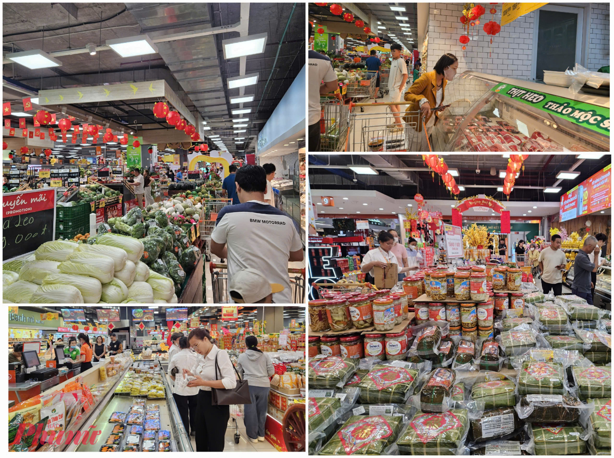 Khu vực trái cây cúng và thịt heo, gà làm sẵn, giò chả đông kín người chọn lựa. 