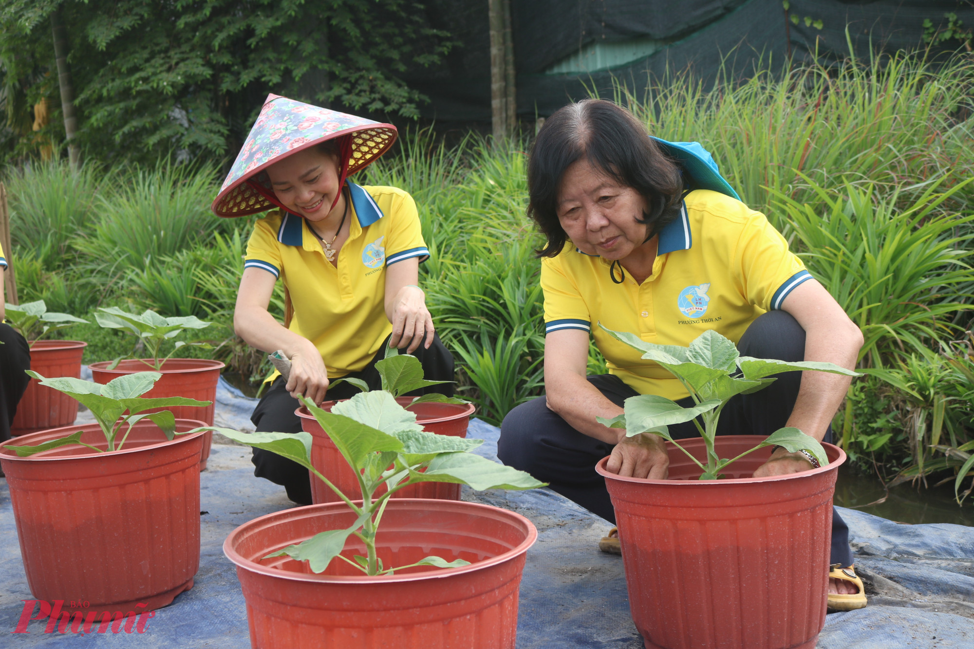 Cán bộ Hội Phụ nữ ở phường Thới An cùng góp sức xây dựng vườn hoa tết nghĩa tình từ khâu làm đất, phân bón đến  chăm sóc cây con, và khi hoa nở thì các chị chở đến nhà các bà, các cụ tặng - Ảnh: Thảo Nguyên