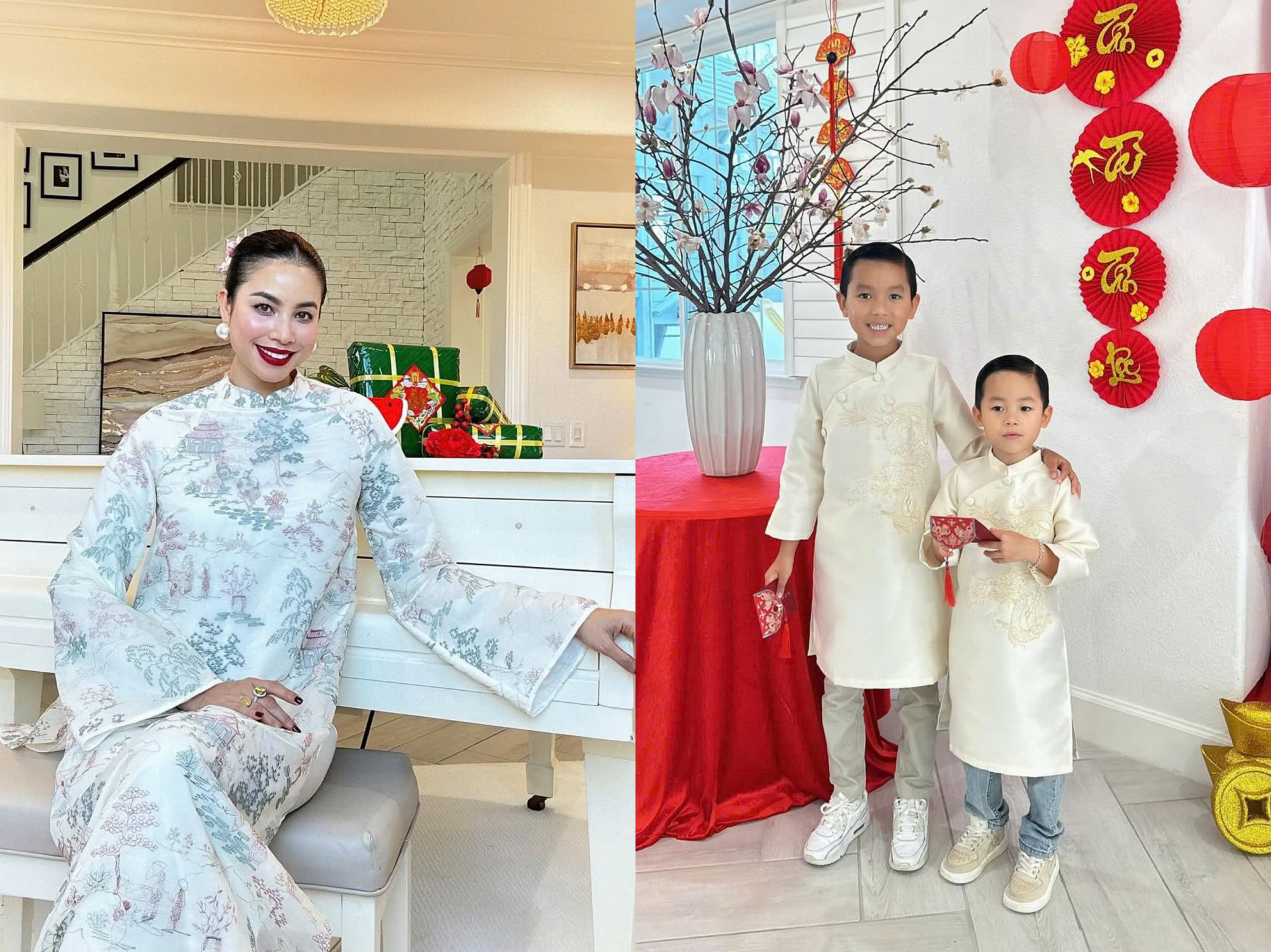 Hai con trai của Hoa hậu Phạm Hương bảnh bao, dễ thương với phong cách thời trang truyền thống pha nét hiện đại đầy tinh tế. Cả 2 bé đều diện áo dài gam trắng kem nhã nhặn, thêu họa tiết nhẹ nhàng. Giữa không gian trang trí đậm sắc xuân, 2 anh em toát lên vẻ đáng yêu nhưng vẫn rất thời trang, thể hiện gu thẩm mỹ tinh tế của gia đình.